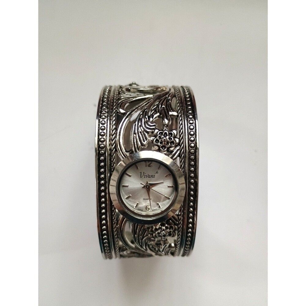 Vivani Women's Silvertone Filigree Bracelet Cuff Watch Quartz Analog Second Hand